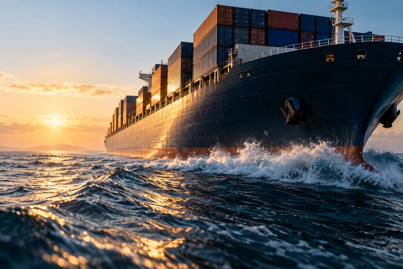 Container vessel at dawn