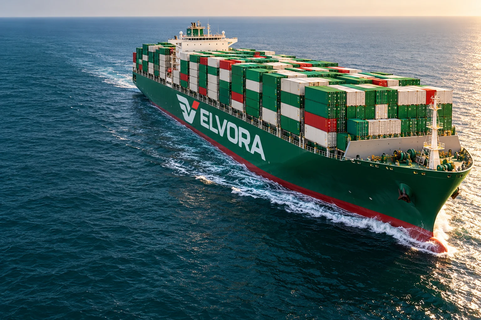 Cinematic freight scene of a loaded container vessel